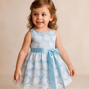 Nannette Light Blue and White Floral Lace Bow Dress